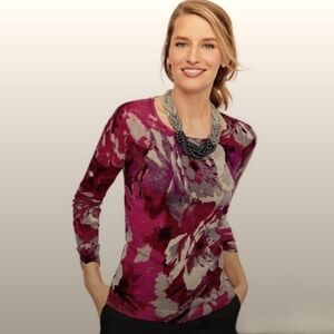 Talbots Women 2X 100% Merino Wool EUC Floral Print Blouse ¾ Length Sleeve Soft